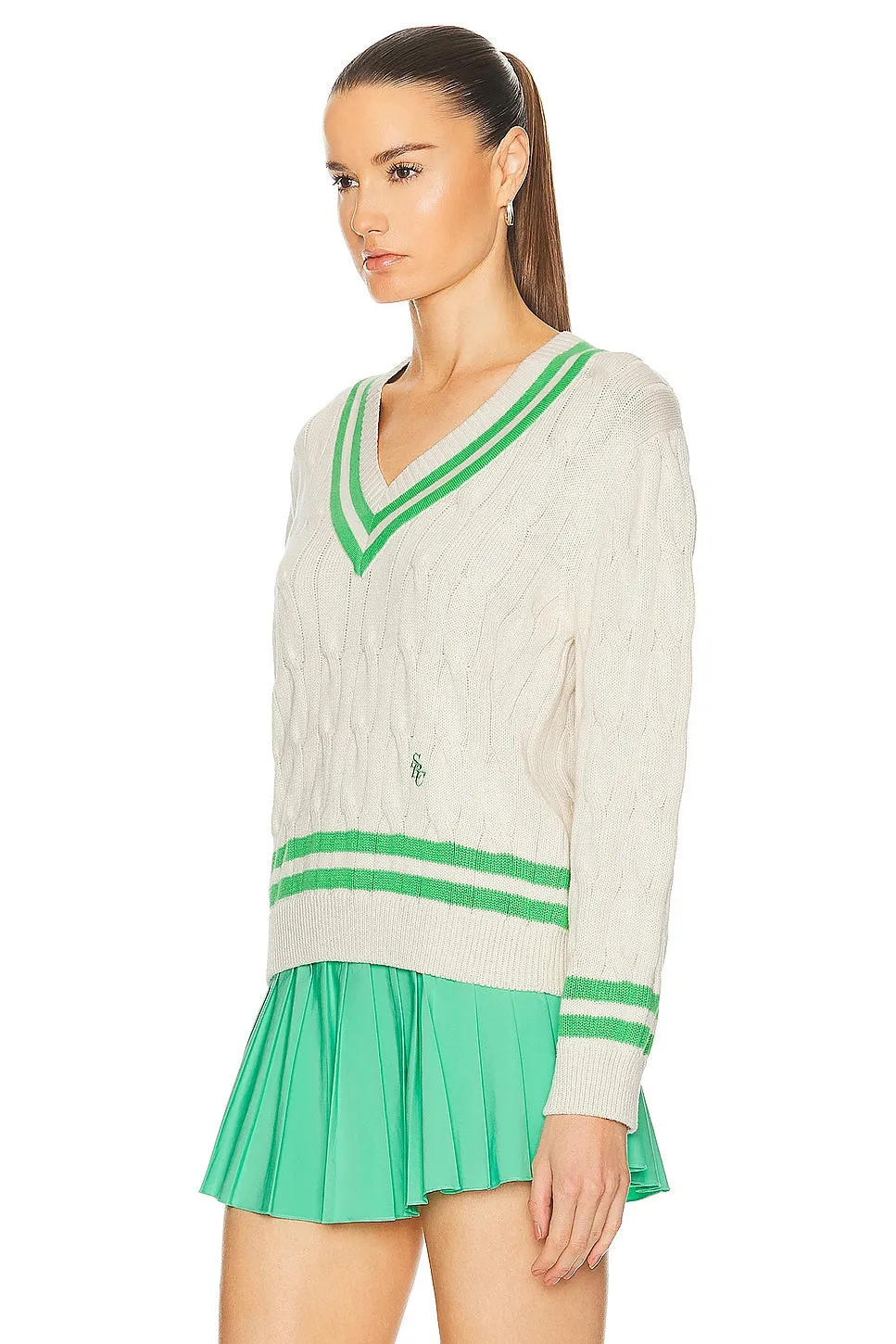 SRC Cableknit V-Neck Sweater - Cream/Clean Mint