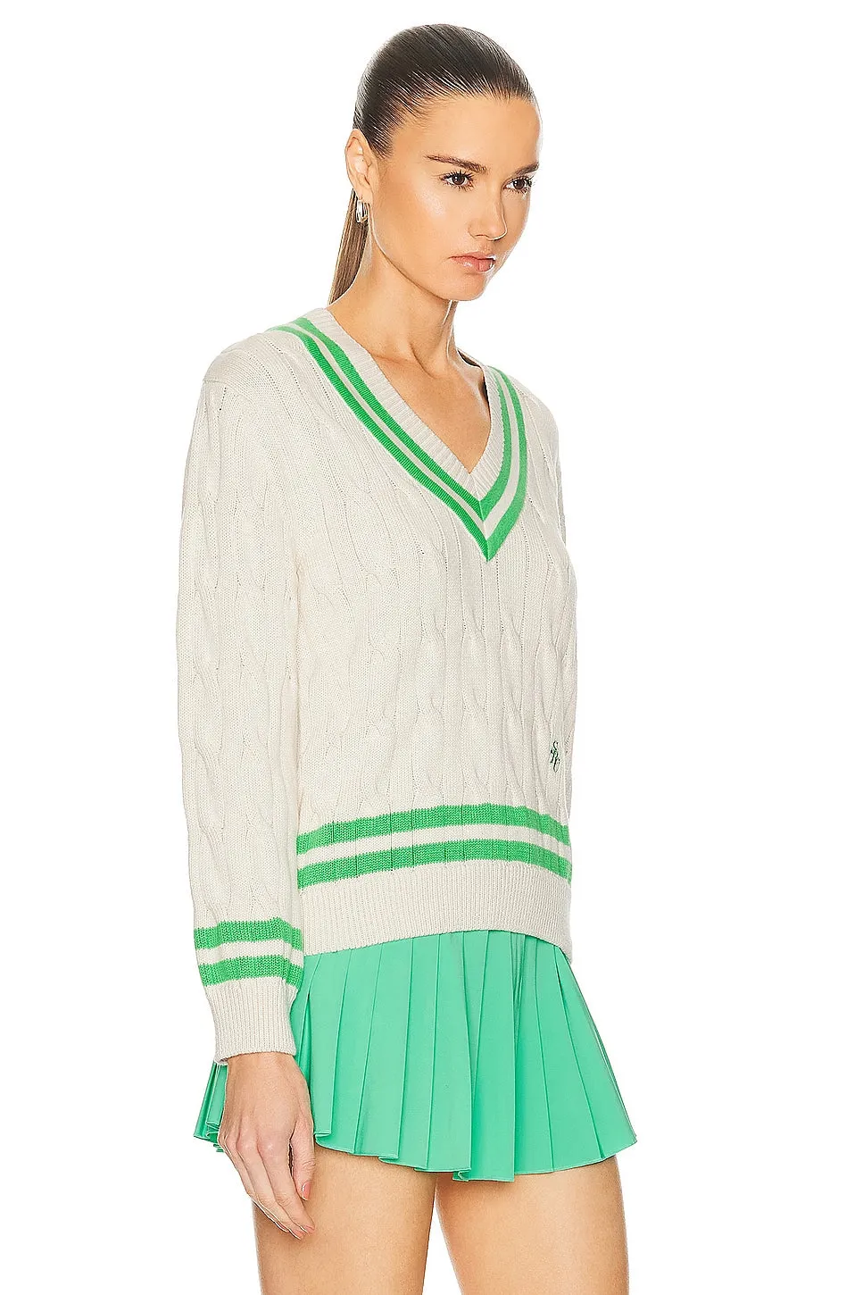 SRC Cableknit V-Neck Sweater - Cream/Clean Mint