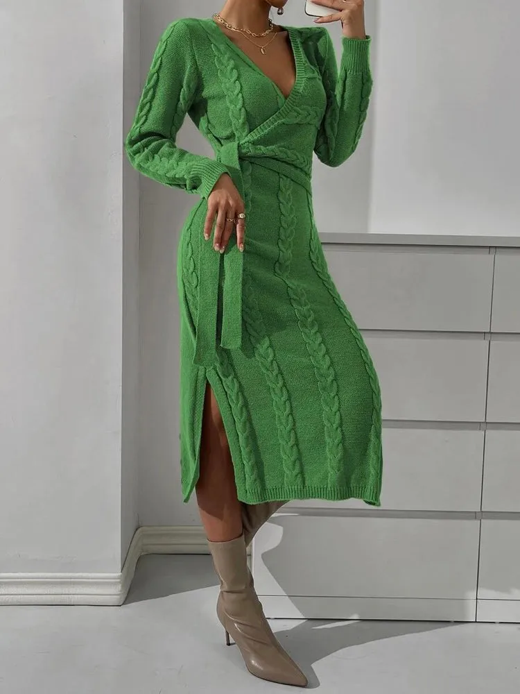 Stylish Long Sleeves Bandage Crochet Jacquard V-Neck Maxi Sweater Dresses