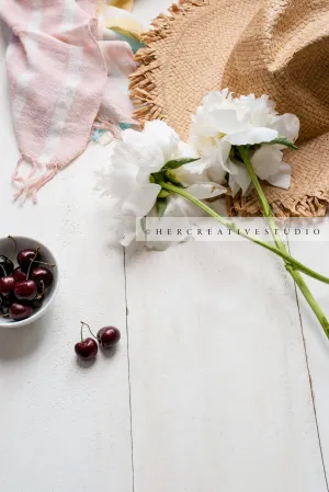 Sun Hat, Cherries & White Peonies. Digital Image