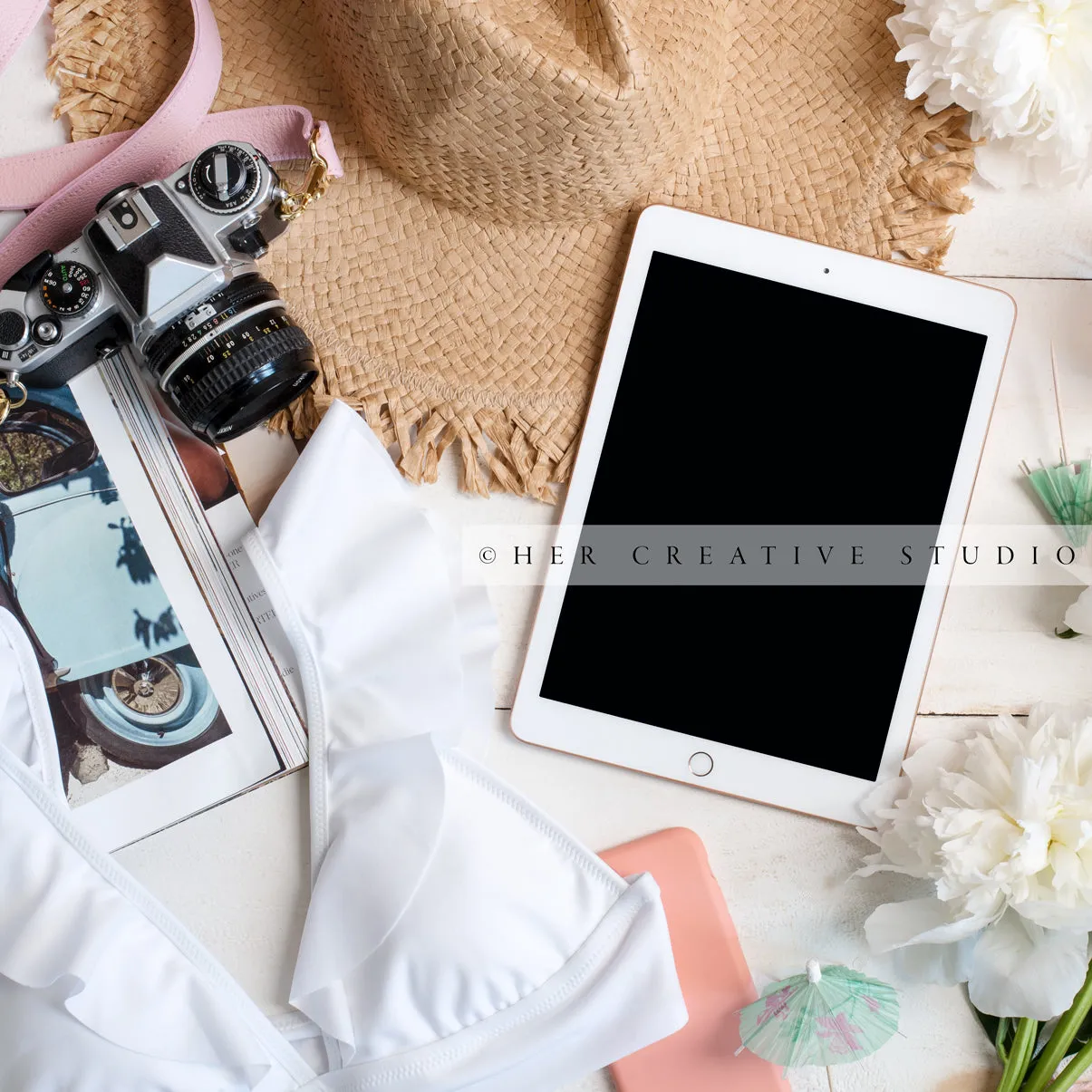 Tablet, Camera & Peonies. Digital Image