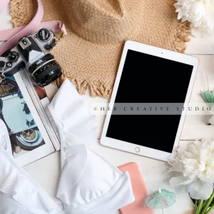 Tablet, Camera & Peonies. Digital Image
