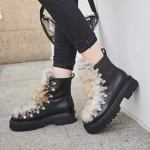 thick bottom cow leather rabbit fur boots fashion metal rivets round toe med heels winter keep warm ankle boots L57