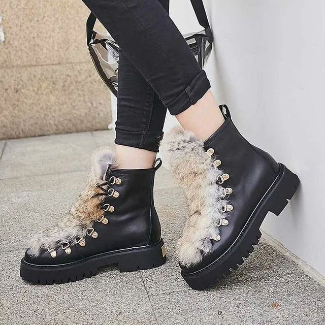 thick bottom cow leather rabbit fur boots fashion metal rivets round toe med heels winter keep warm ankle boots L57