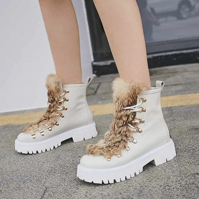 thick bottom cow leather rabbit fur boots fashion metal rivets round toe med heels winter keep warm ankle boots L57