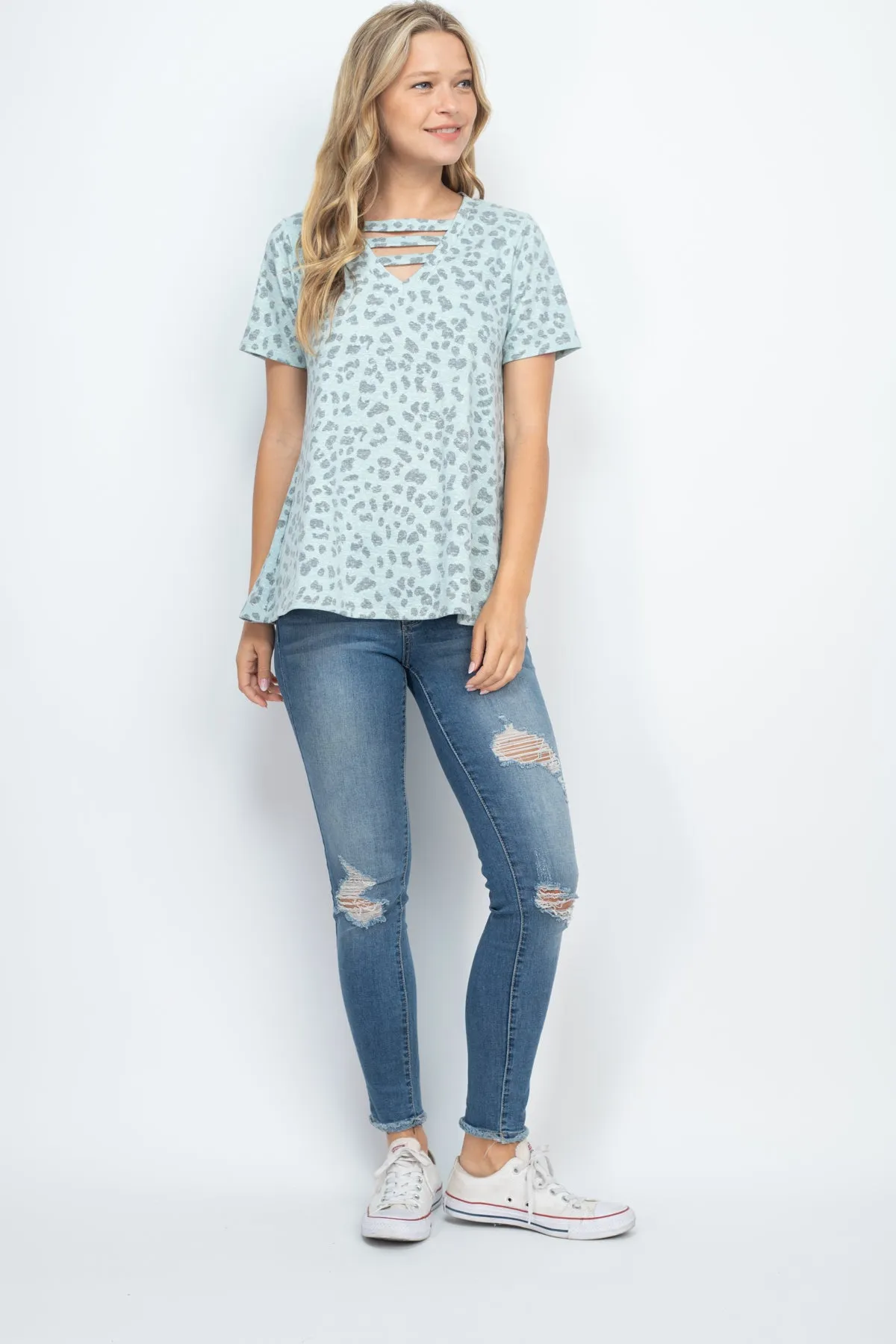 Triple Strap V-Neck Short Sleeve Leopard Top
