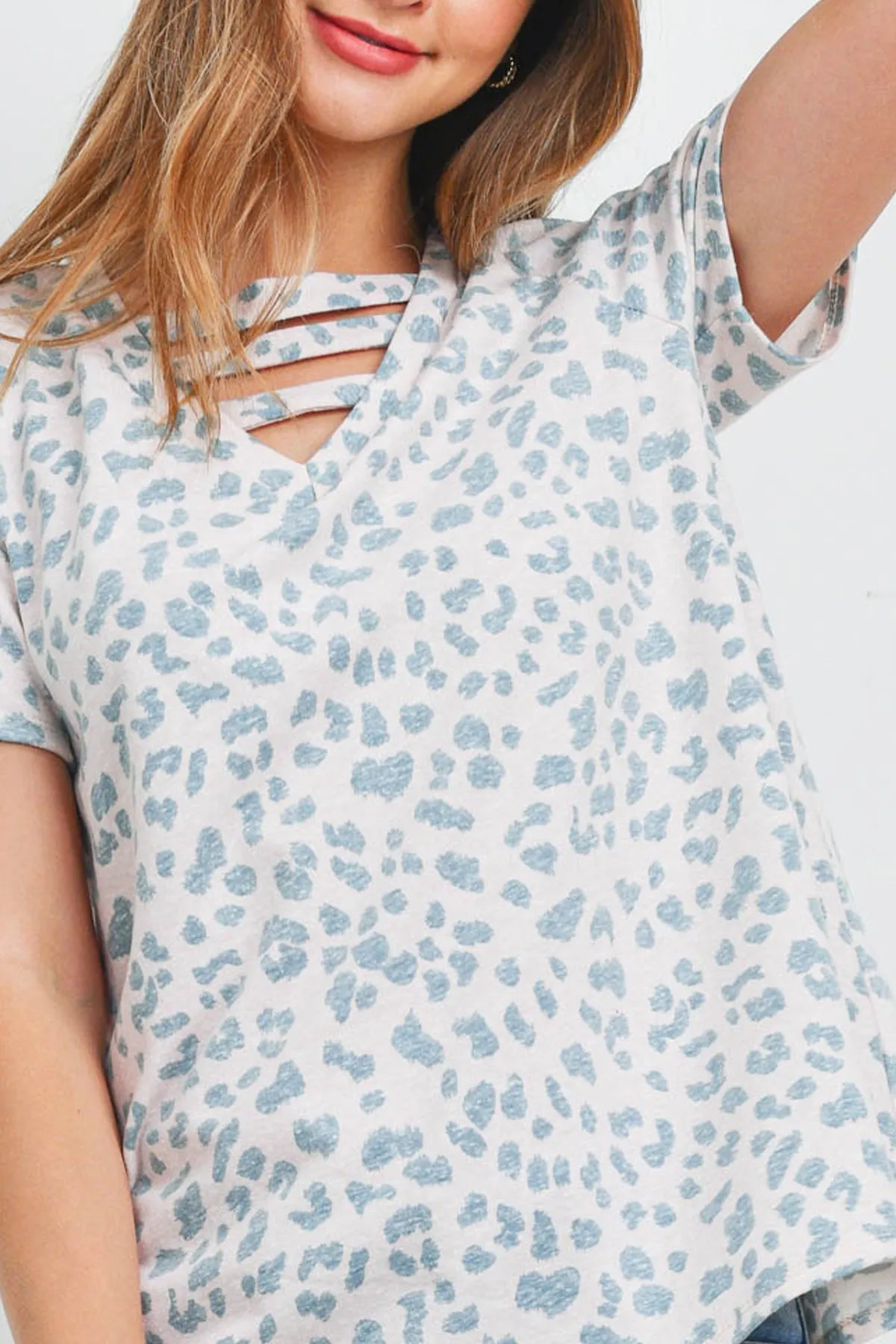 Triple Strap V-Neck Short Sleeve Leopard Top