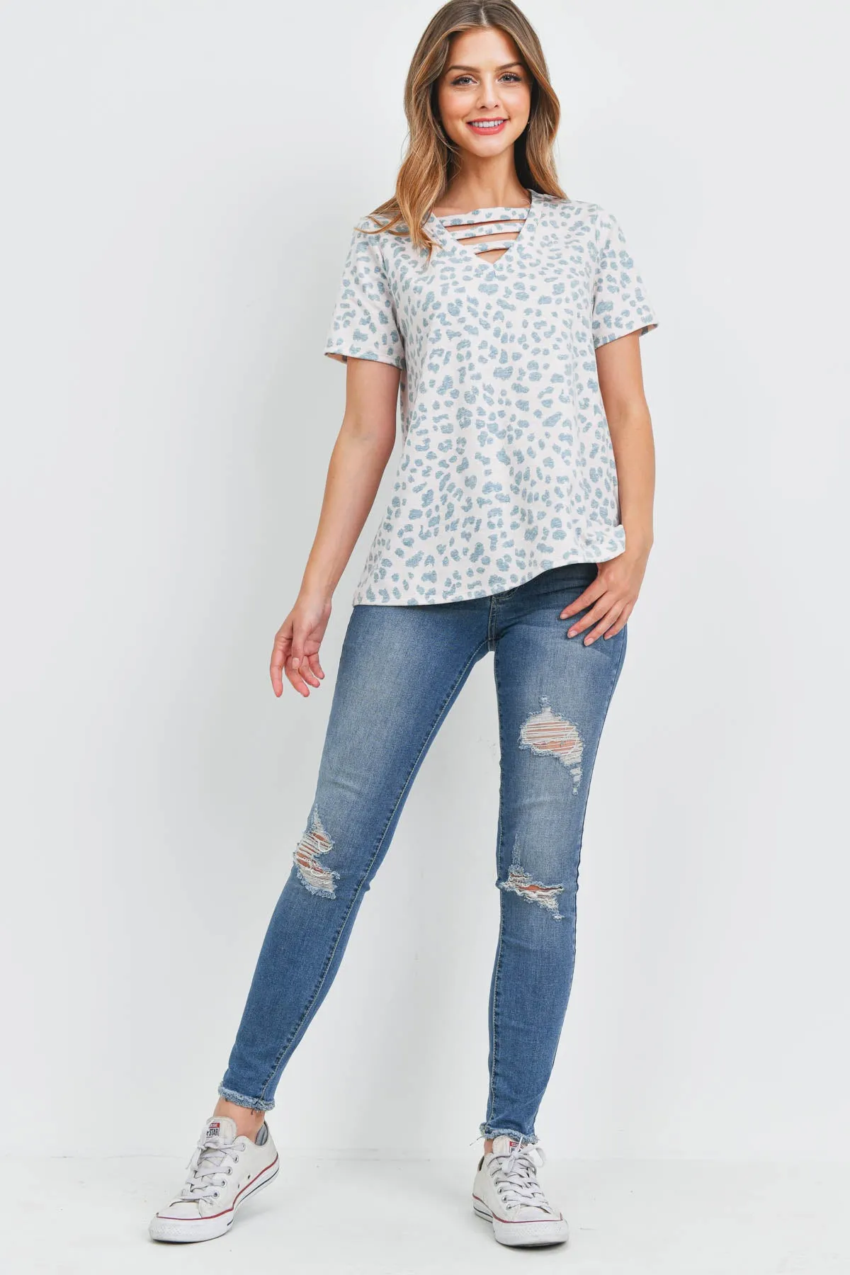 Triple Strap V-Neck Short Sleeve Leopard Top