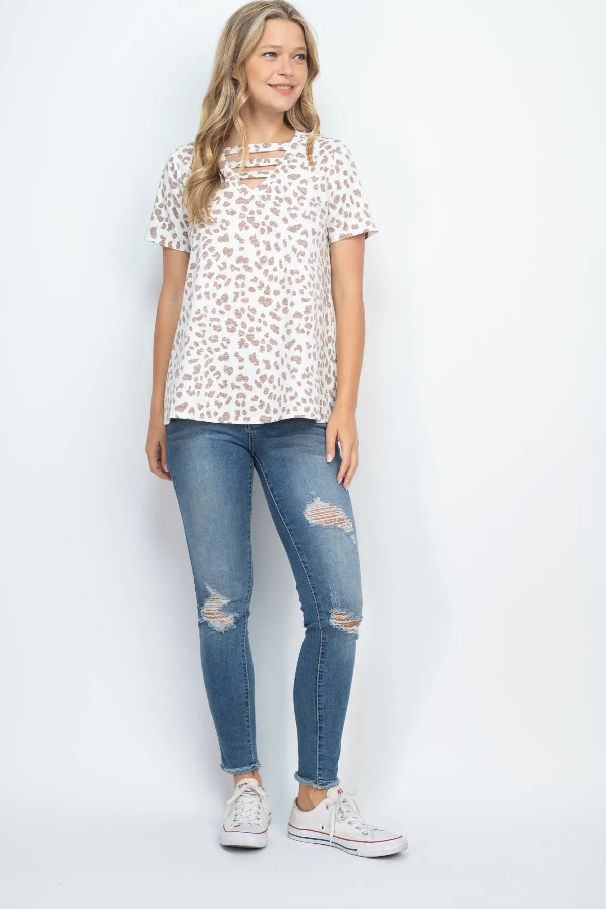 Triple Strap V-Neck Short Sleeve Leopard Top