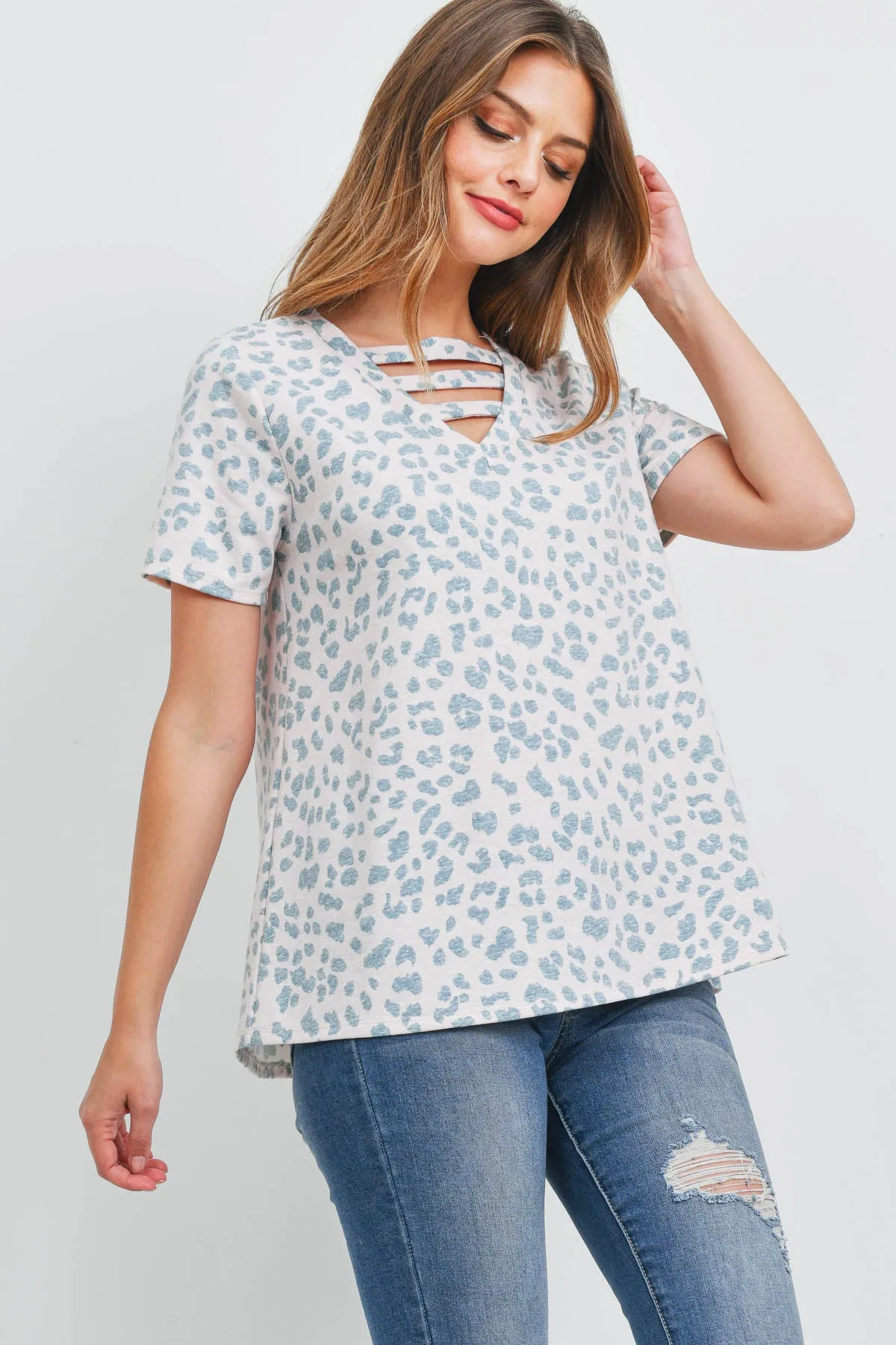 Triple Strap V-Neck Short Sleeve Leopard Top