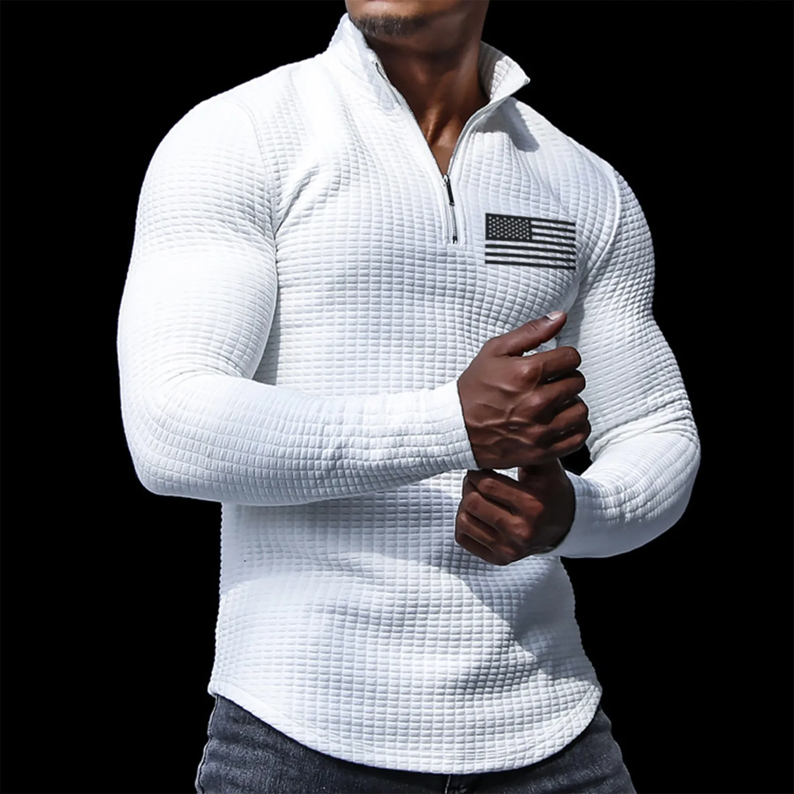 USA FLAG  MID-WEIGHT WAFFLE GRAPHIC STAND COLLAR  ZIPPER SWEATSHIRT