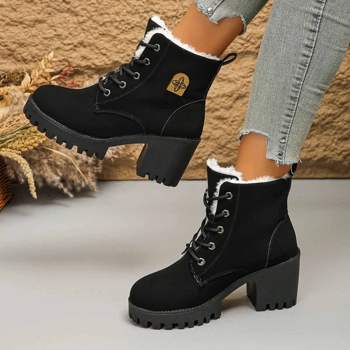 Warm velvet thick heel short boots front lace-up Martin boots for women