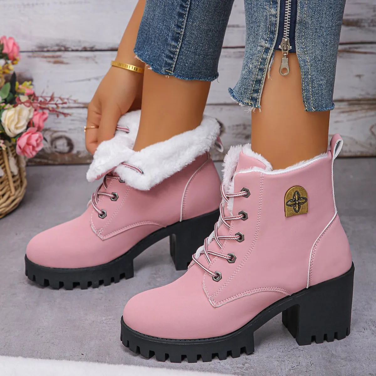 Warm velvet thick heel short boots front lace-up Martin boots for women