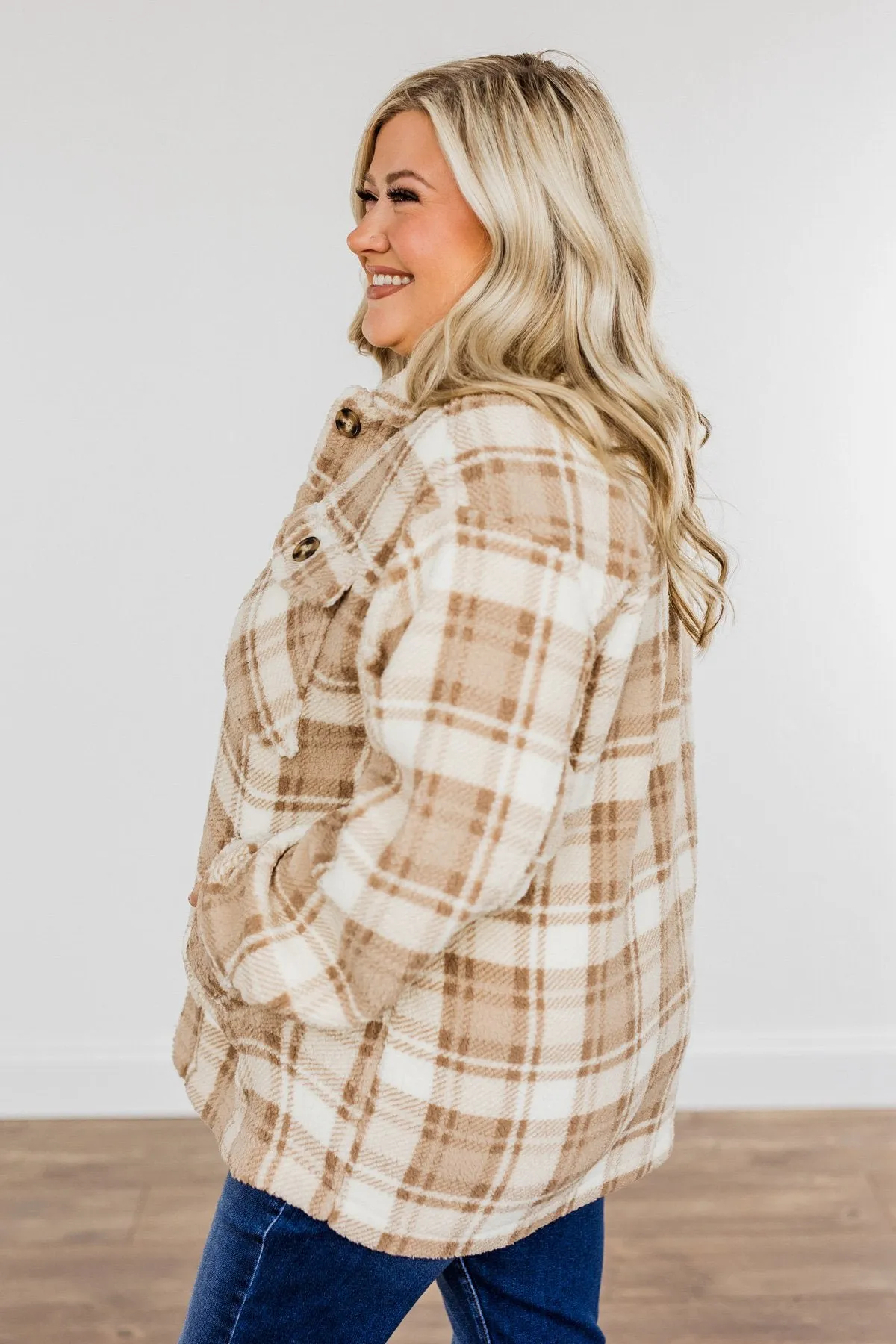 Warm Winter Wishes Plaid Sherpa Jacket- Khaki