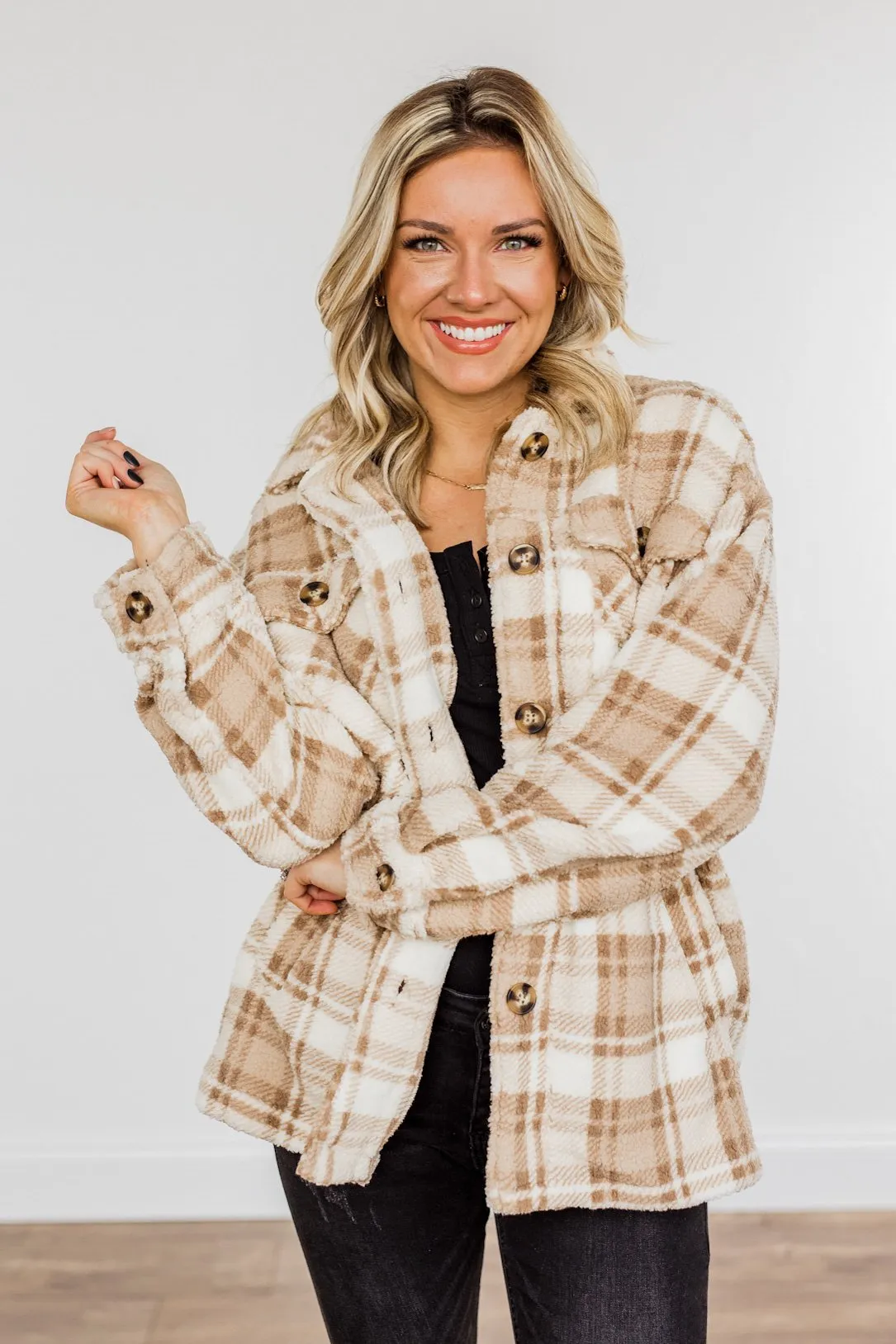 Warm Winter Wishes Plaid Sherpa Jacket- Khaki