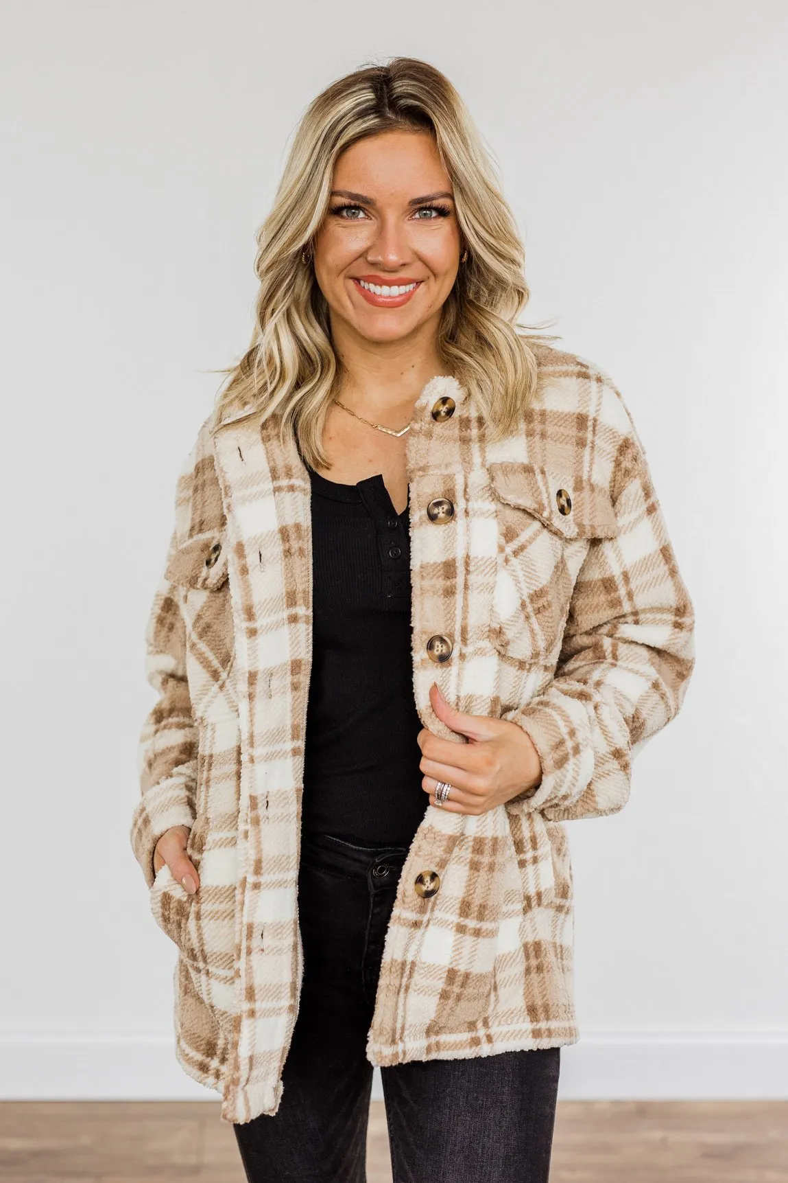 Warm Winter Wishes Plaid Sherpa Jacket- Khaki