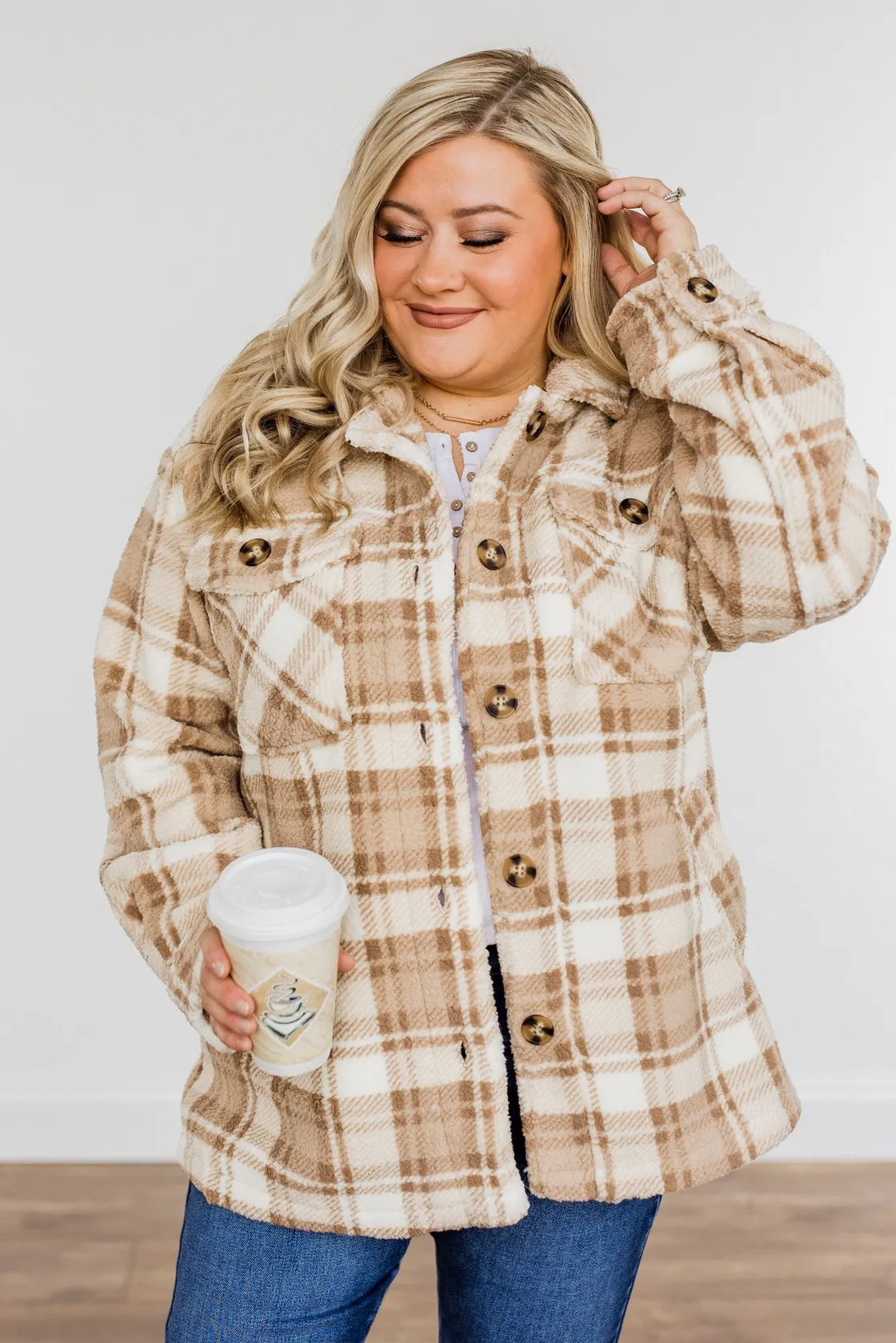 Warm Winter Wishes Plaid Sherpa Jacket- Khaki