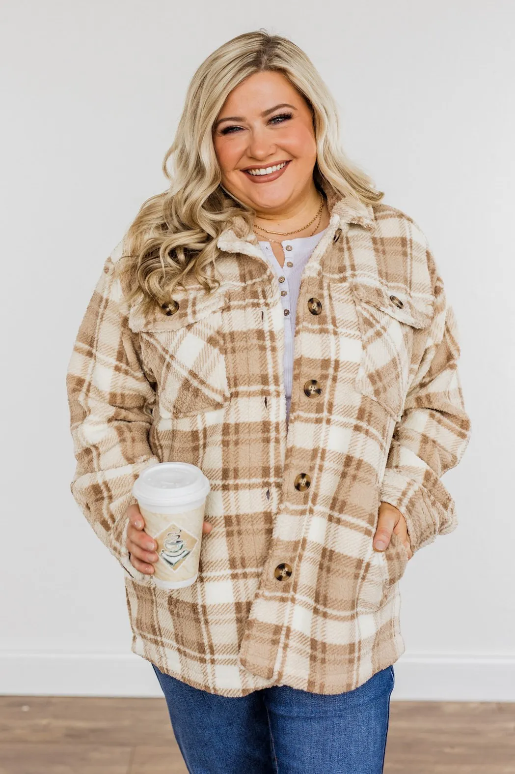 Warm Winter Wishes Plaid Sherpa Jacket- Khaki