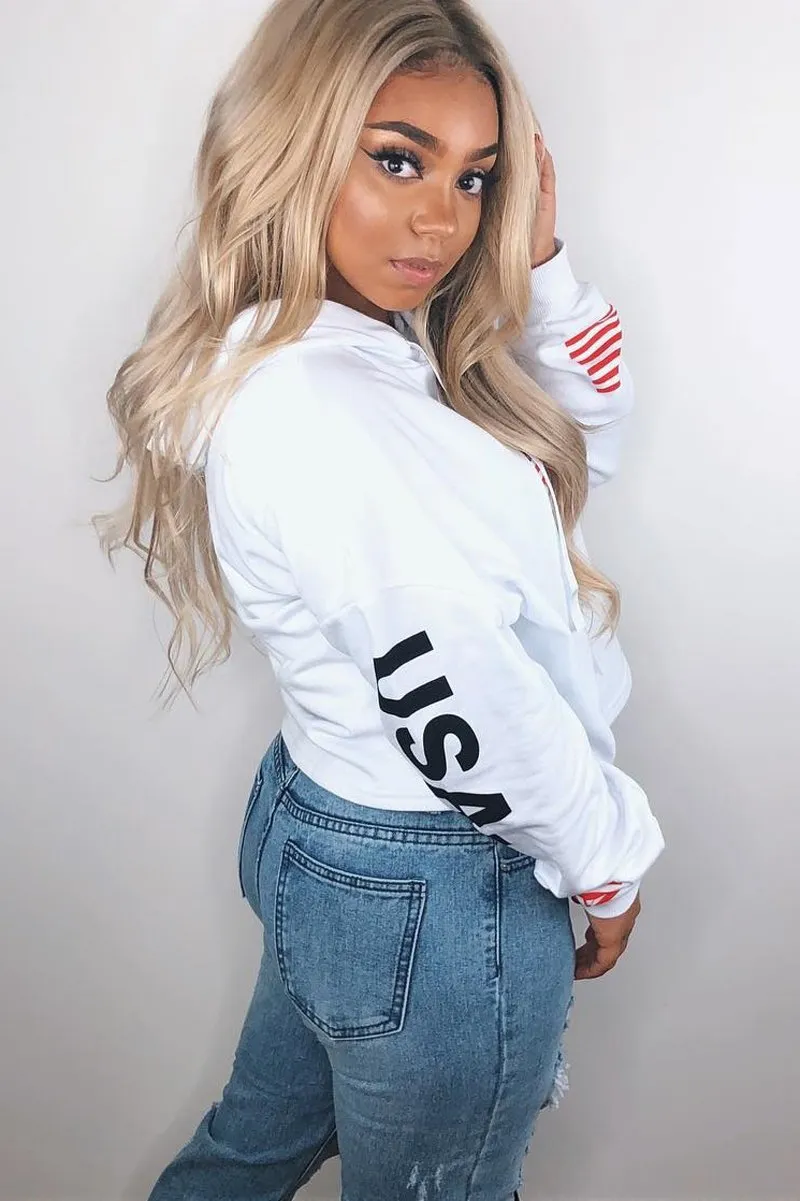 White Oversized USA Print Hoodie - Eleah