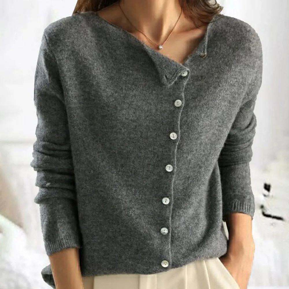 Women’s Buttoned Sweater – Soft Knit – Asymmetric Closure – Casual Fit – Autumn Favourite