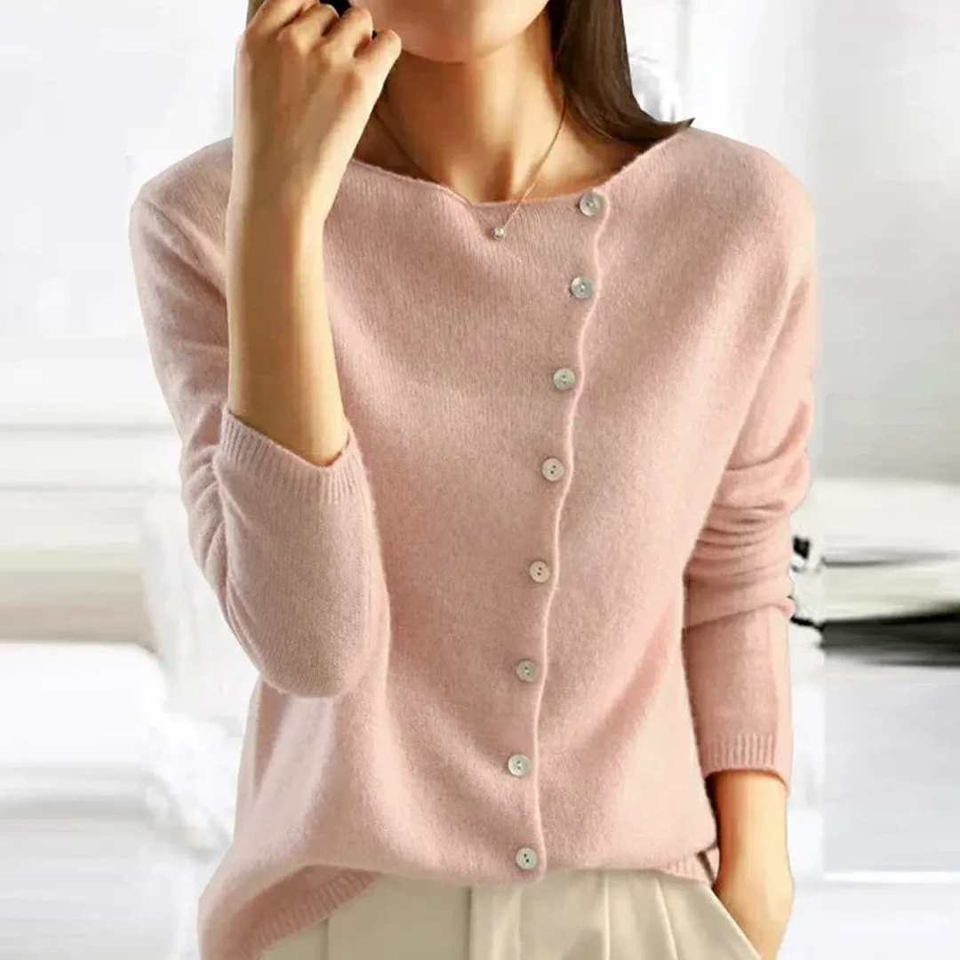 Women’s Buttoned Sweater – Soft Knit – Asymmetric Closure – Casual Fit – Autumn Favourite