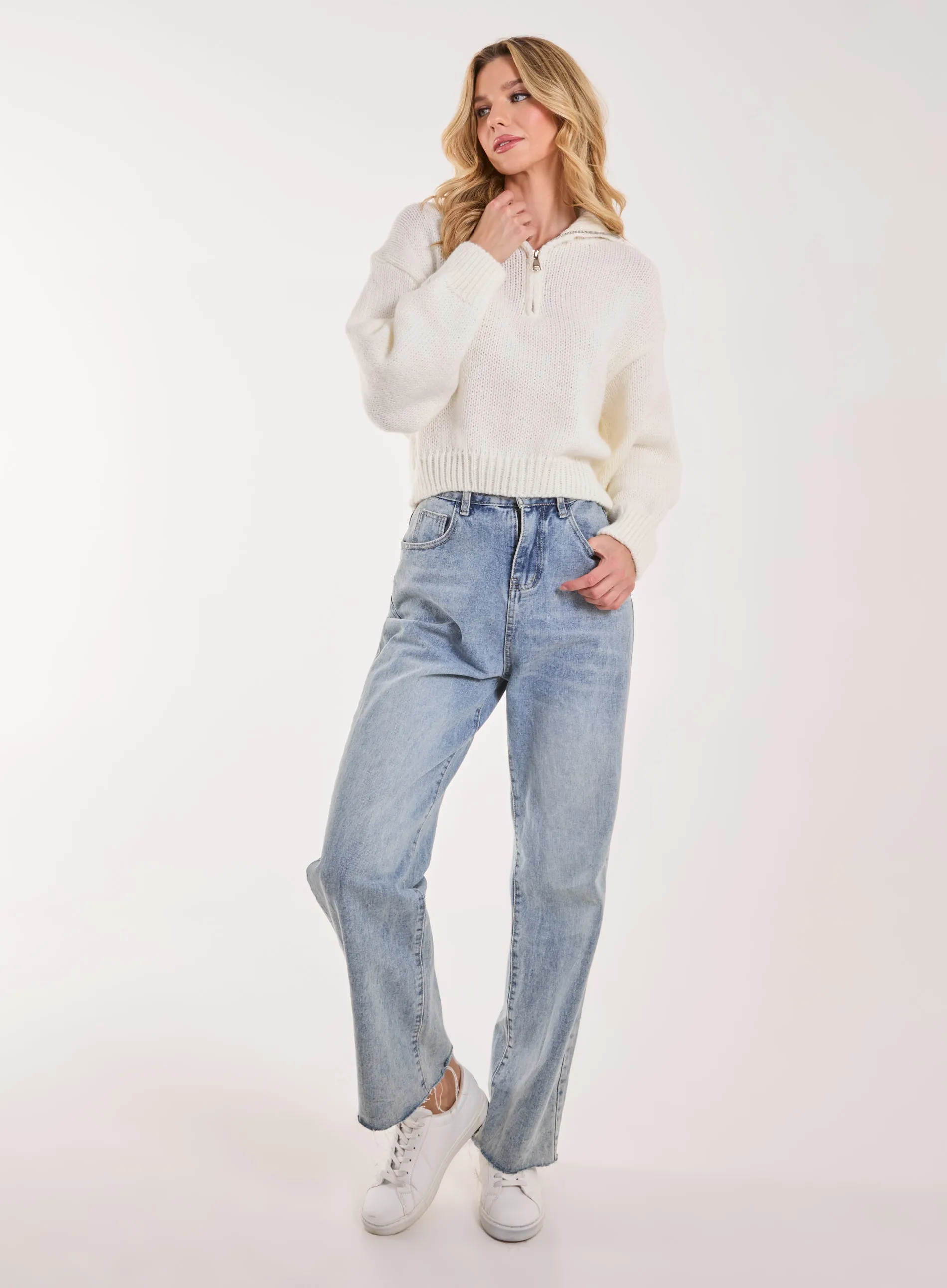 Zip Up Collar Knit Cropped Jumper